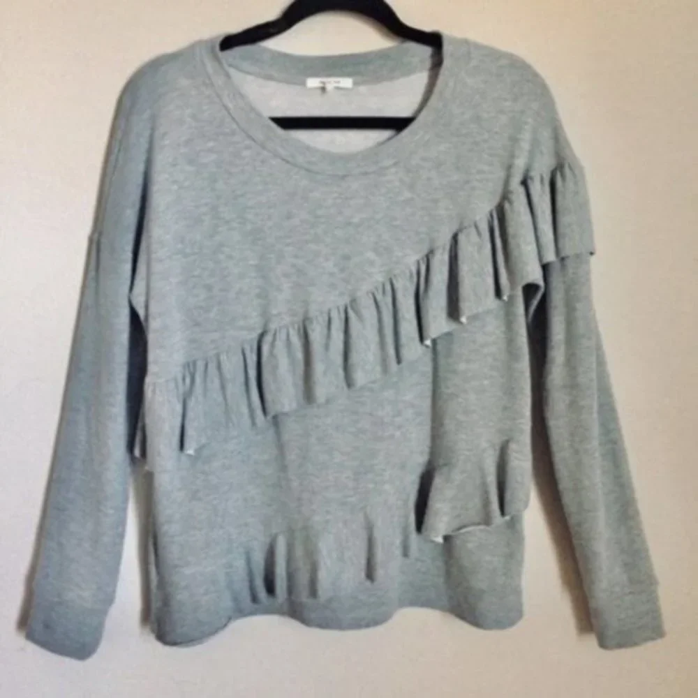 Sold Anthropologie Pleione French Terry Gray Tiered Ruffle Sweater- Size Medium - Picture 2 of 10